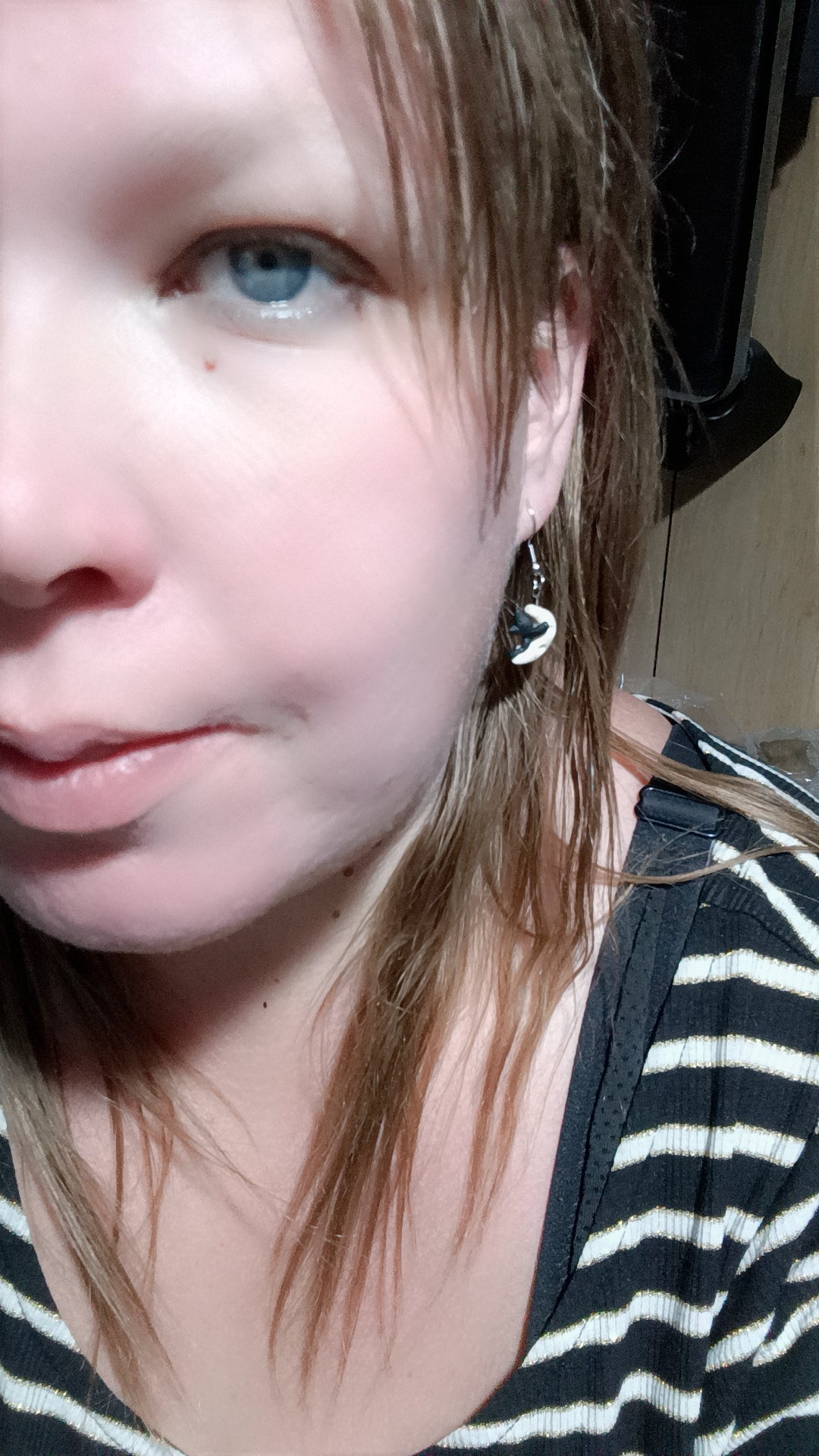 Handmade Polymer Clay Black Cat on a Crescent Moon Earring