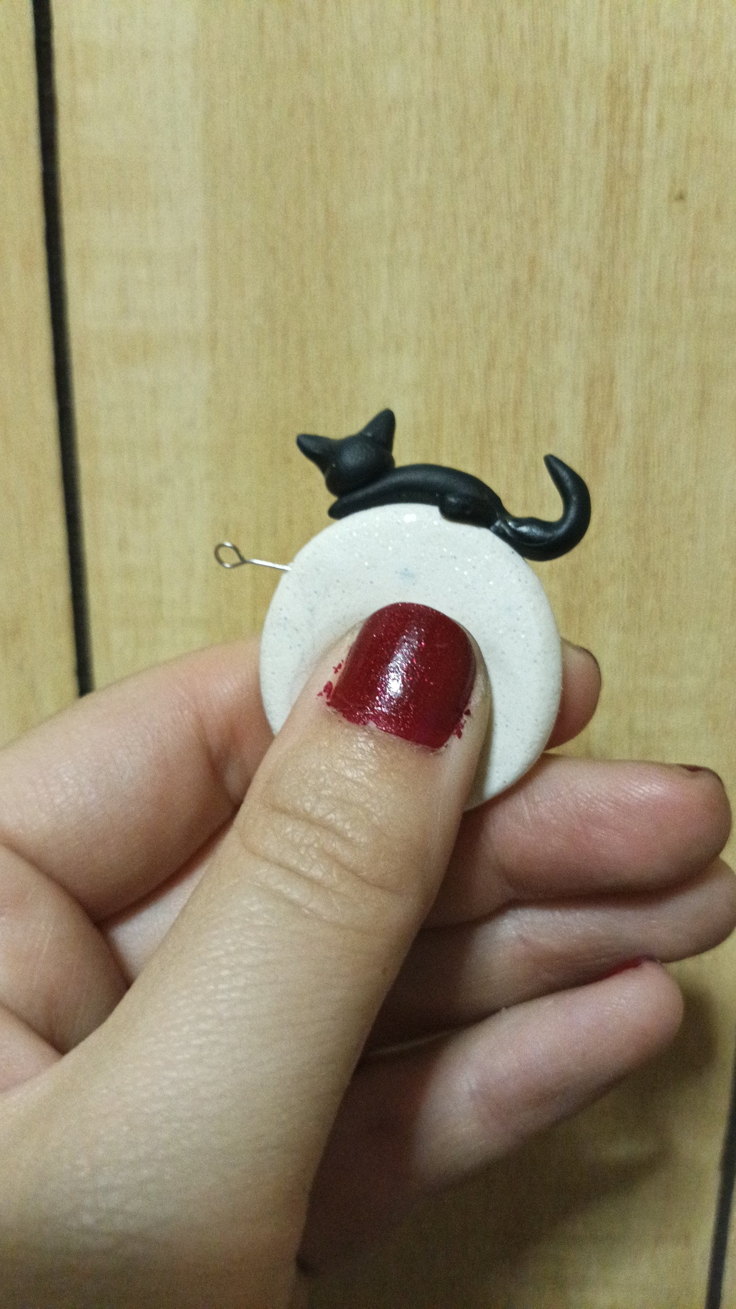 Handmade Polymer Clay Worry Stone - Black Cat on a Full Moon