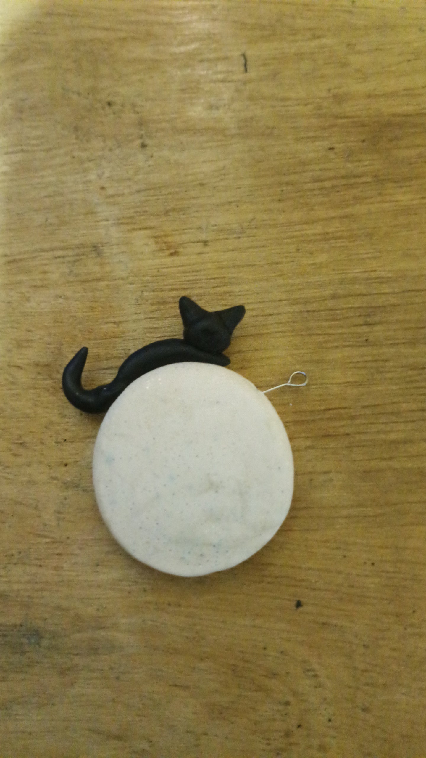 Handmade Polymer Clay Worry Stone - Black Cat on a Full Moon