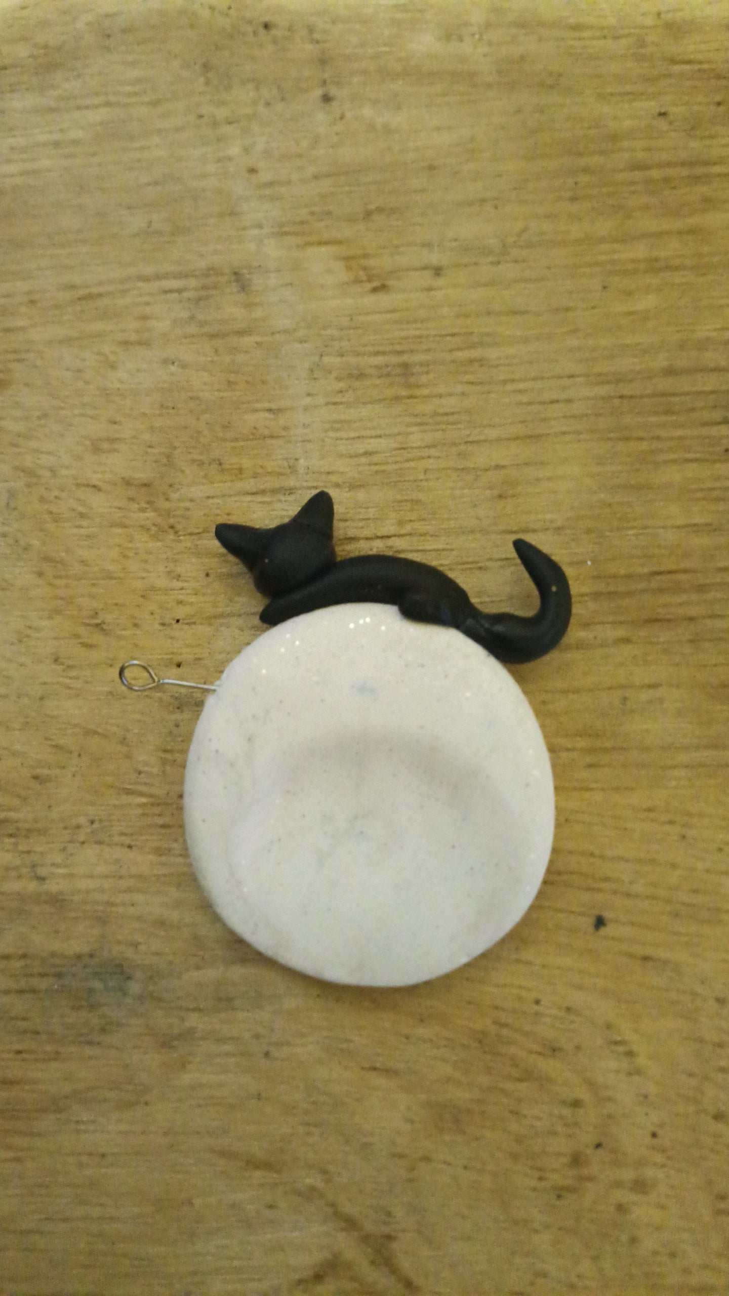 Handmade Polymer Clay Worry Stone - Black Cat on a Full Moon