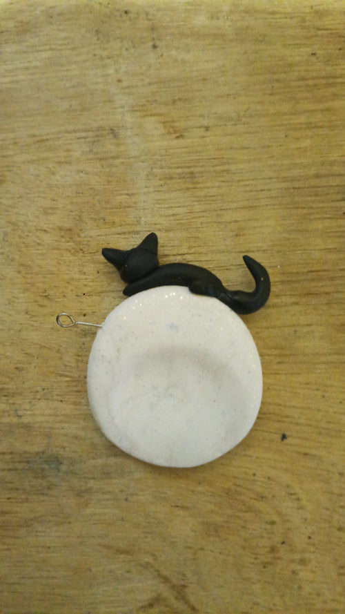 Handmade Polymer Clay Worry Stone - Black Cat on a Full Moon