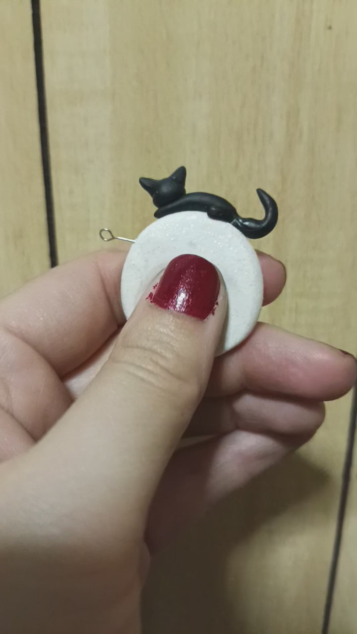 Handmade Polymer Clay Worry Stone - Black Cat on a Full Moon
