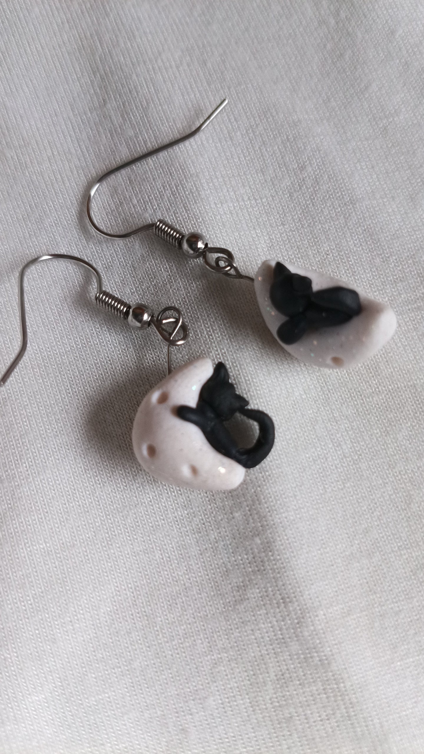 Handmade Polymer Clay Black Cat on a Crescent Moon Earring