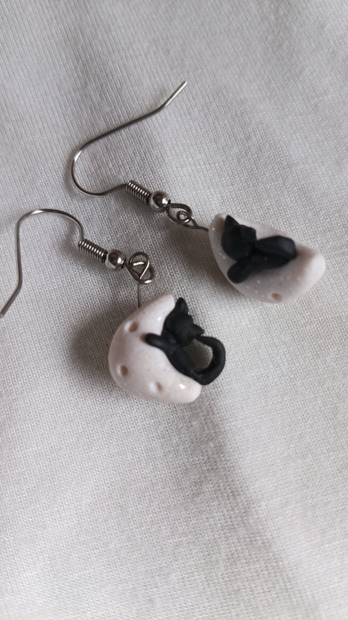 Handmade Polymer Clay Black Cat on a Crescent Moon Earring