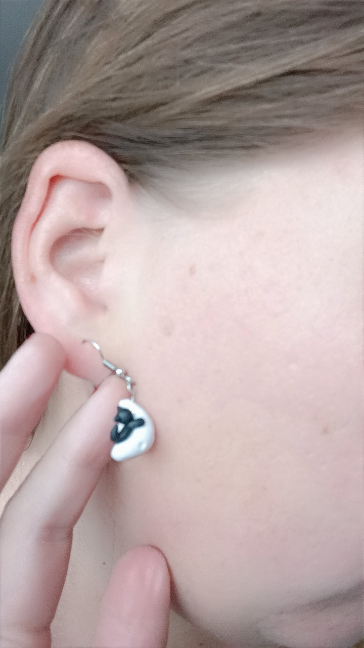 Handmade Polymer Clay Black Cat on a Crescent Moon Earring