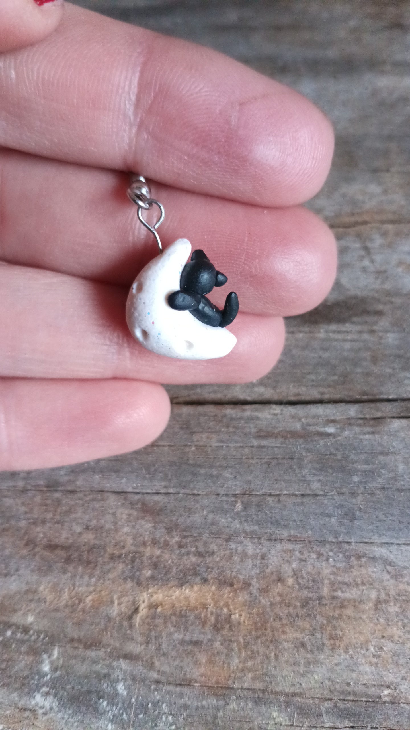 Handmade Polymer Clay Black Cat on a Crescent Moon Earring